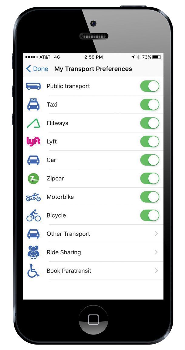 The transport options screen on the GoLA app